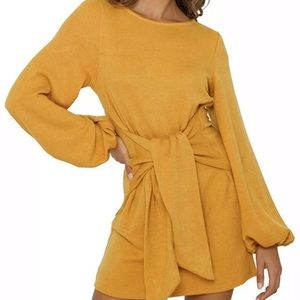 Cotton Long sleeve Knitted Tie Waist Sweater Dress